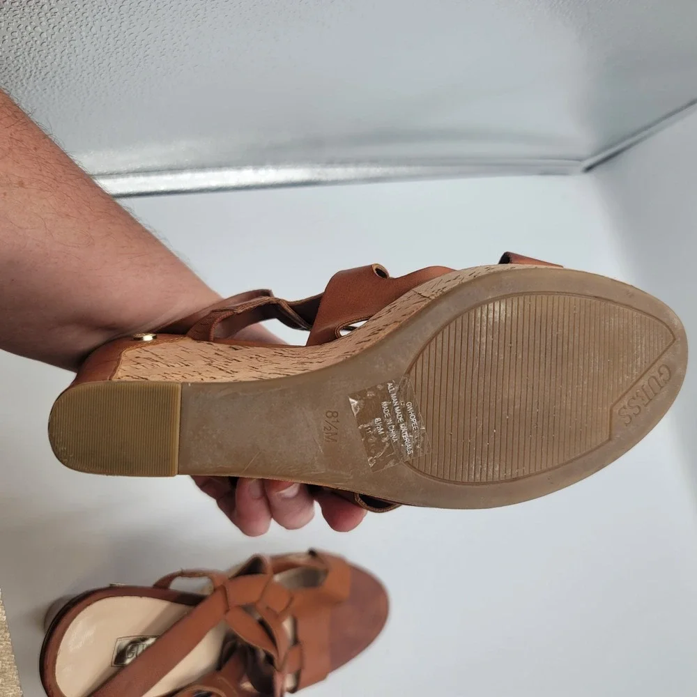 Guess Womens Cognac Brown Leather Strappy Cork Boho Platform Wedge Sandals